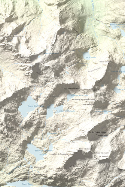 Mapa de relieve de Tuc de Salana, 2485 m, Val d'Aran, lámina 100 Cims de Trobart. Detalle de la zona inferior izquierda. 61 × 91 cm.