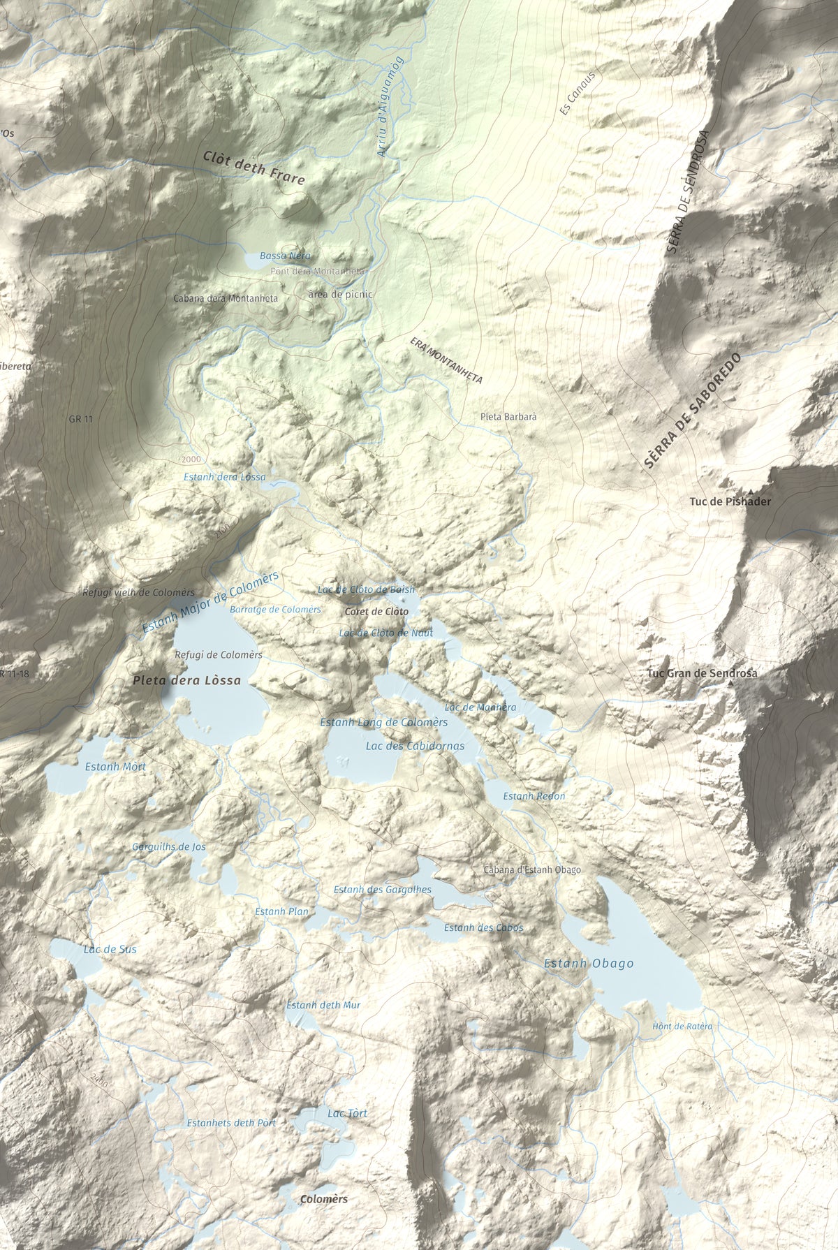 Mapa de relieve de Tuc de Salana, 2485 m, Val d'Aran, lámina 100 Cims de Trobart. Detalle de la zona inferior derecha. 61 × 91 cm.