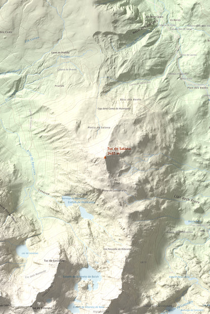 Mapa de relieve de Tuc de Salana, 2485 m, Val d'Aran, lámina 100 Cims de Trobart. Detalle de la zona central. 61 × 91 cm.