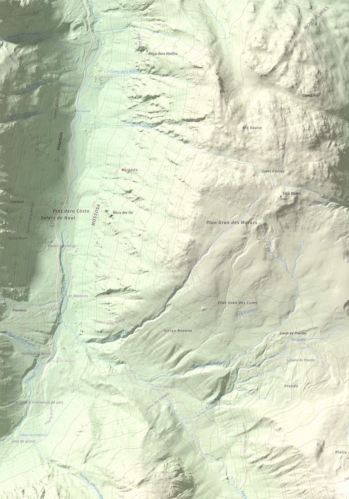 Mapa de relieve de Tuc de Salana, 2485 m, Val d'Aran, lámina 100 Cims de Trobart. Detalle de la zona superior izquierda. 70 × 100 cm.
