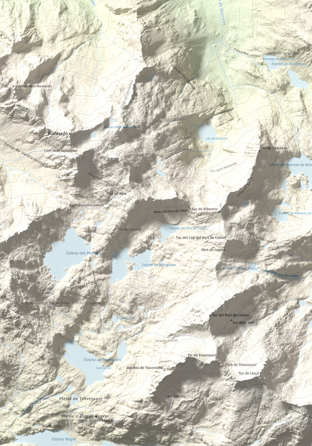Mapa de relieve de Tuc de Salana, 2485 m, Val d'Aran, lámina 100 Cims de Trobart. Detalle de la zona inferior izquierda. 70 × 100 cm.