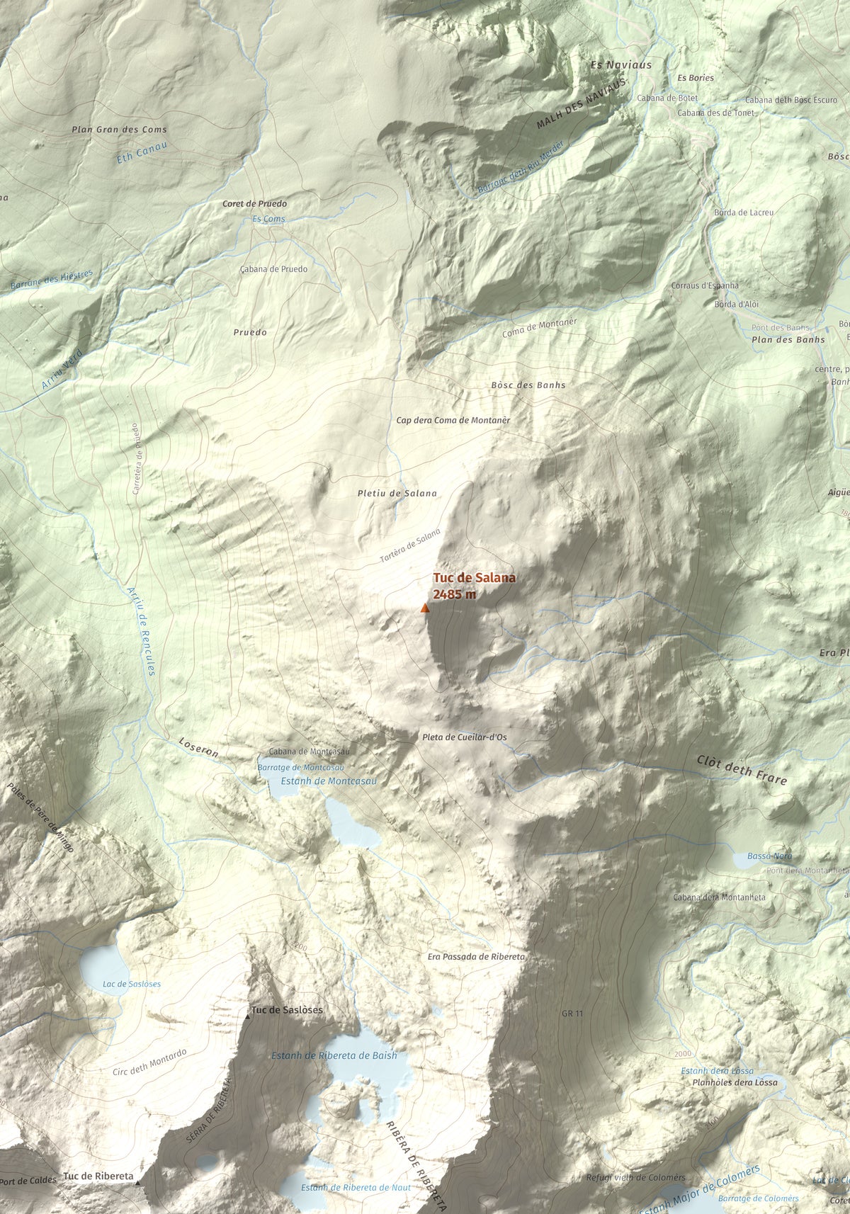 Mapa de relieve de Tuc de Salana, 2485 m, Val d'Aran, lámina 100 Cims de Trobart. Detalle de la zona central. 70 × 100 cm.