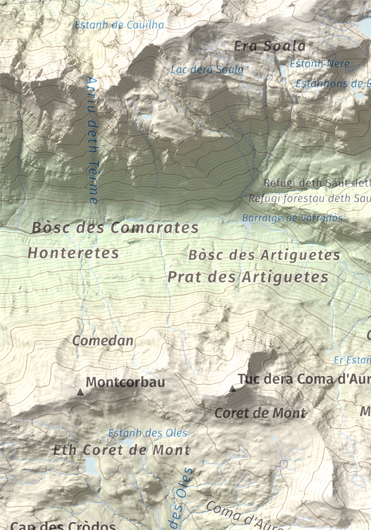Mapa de relieve de Tuc de Somont, 2508 m, Val d'Aran, lámina 100 Cims de Trobart. Detalle de la zona superior izquierda. 21 × 30 cm.