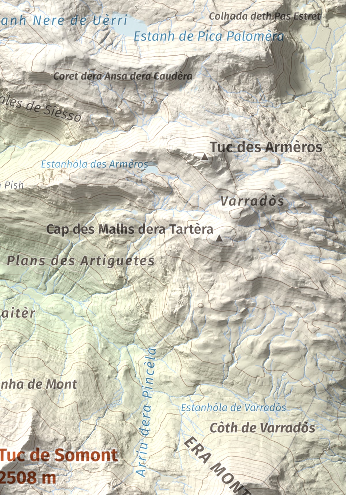 Mapa de relieve de Tuc de Somont, 2508 m, Val d'Aran, lámina 100 Cims de Trobart. Detalle de la zona superior derecha. 21 × 30 cm.