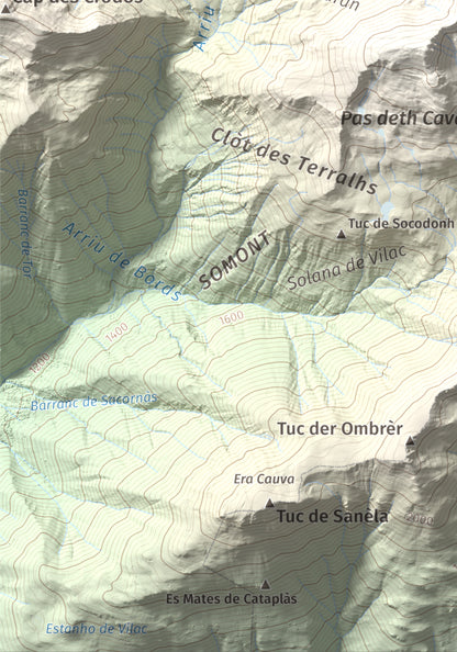 Mapa de relieve de Tuc de Somont, 2508 m, Val d'Aran, lámina 100 Cims de Trobart. Detalle de la zona inferior izquierda. 21 × 30 cm.