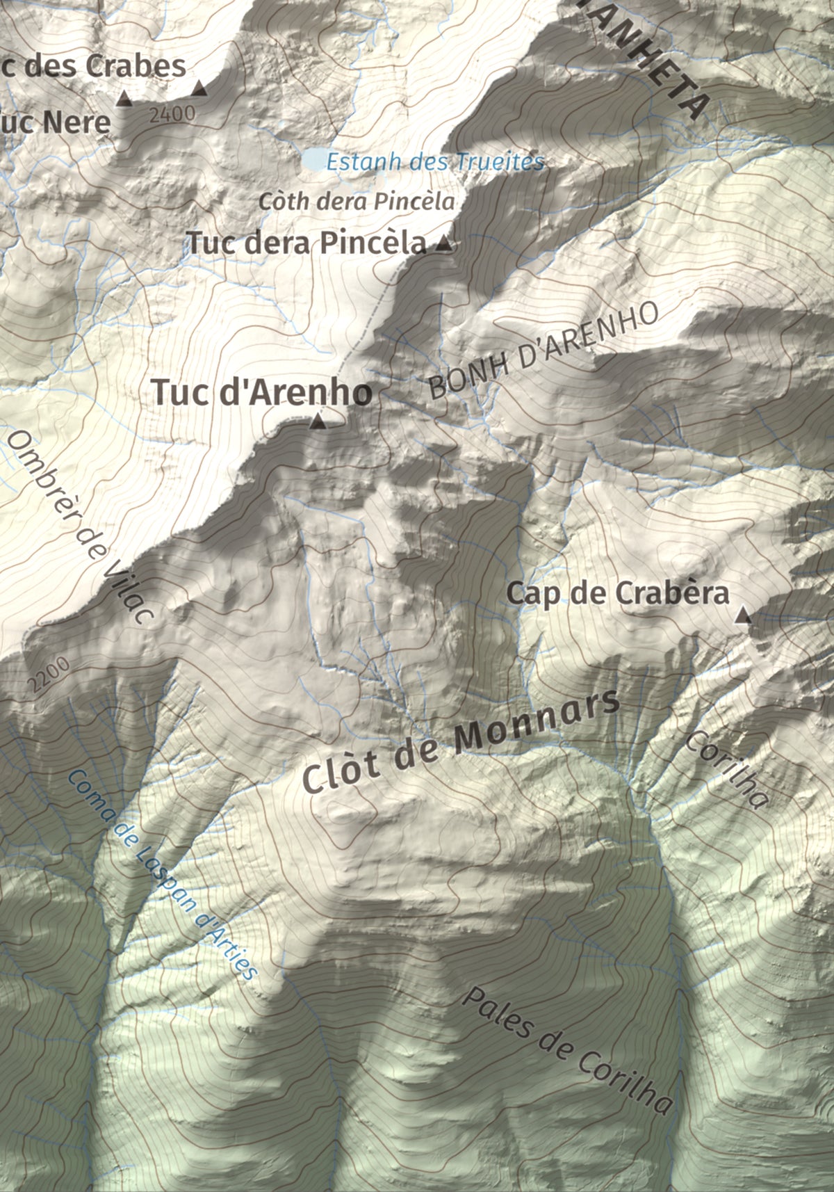 Mapa de relieve de Tuc de Somont, 2508 m, Val d'Aran, lámina 100 Cims de Trobart. Detalle de la zona inferior derecha. 21 × 30 cm.