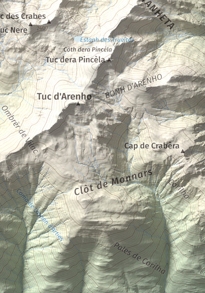Mapa de relieve de Tuc de Somont, 2508 m, Val d'Aran, lámina 100 Cims de Trobart. Detalle de la zona inferior derecha. 21 × 30 cm.