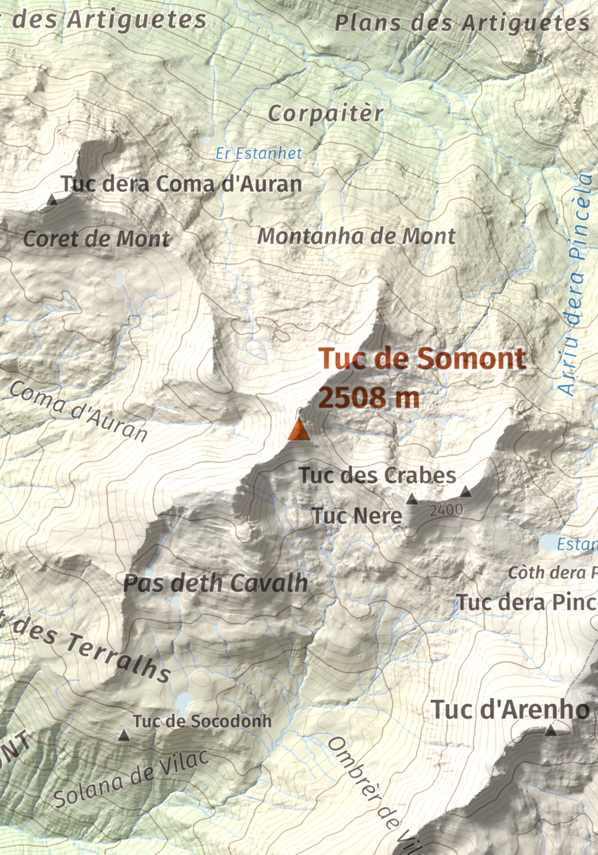 Mapa de relieve de Tuc de Somont, 2508 m, Val d'Aran, lámina 100 Cims de Trobart. Detalle de la zona central. 21 × 30 cm.