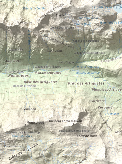 Mapa de relieve de Tuc de Somont, 2508 m, Val d'Aran, lámina 100 Cims de Trobart. Detalle de la zona superior izquierda. 30 × 40 cm.