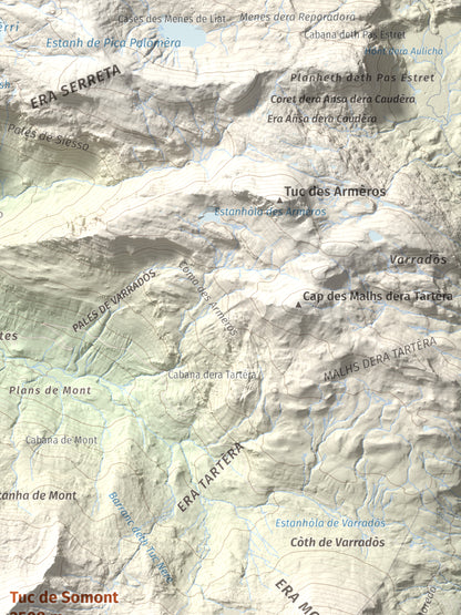 Mapa de relieve de Tuc de Somont, 2508 m, Val d'Aran, lámina 100 Cims de Trobart. Detalle de la zona superior derecha. 30 × 40 cm.