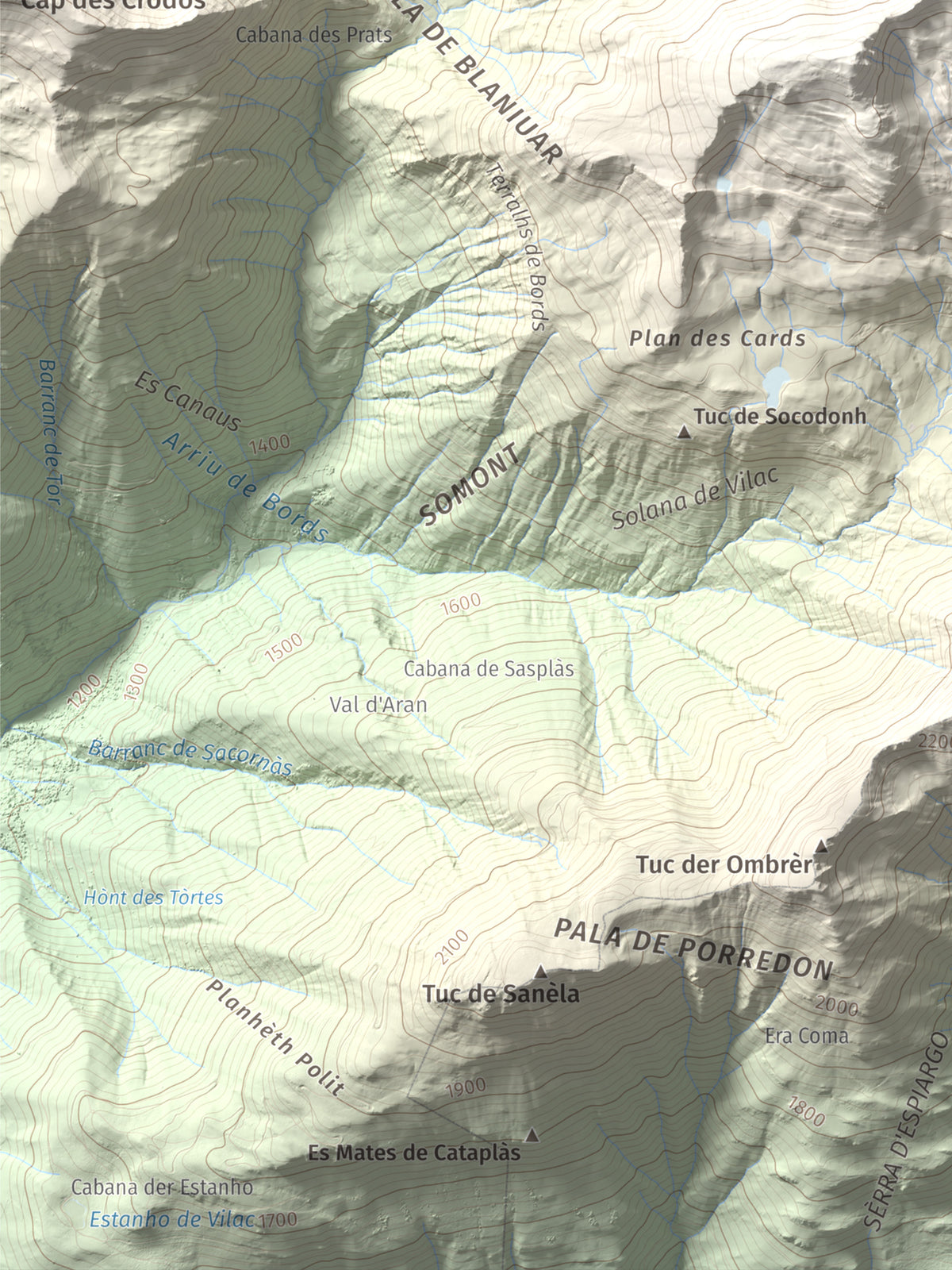Mapa de relieve de Tuc de Somont, 2508 m, Val d'Aran, lámina 100 Cims de Trobart. Detalle de la zona inferior izquierda. 30 × 40 cm.