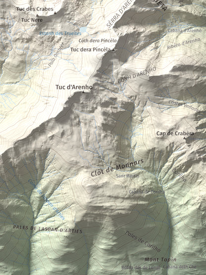 Mapa de relieve de Tuc de Somont, 2508 m, Val d'Aran, lámina 100 Cims de Trobart. Detalle de la zona inferior derecha. 30 × 40 cm.
