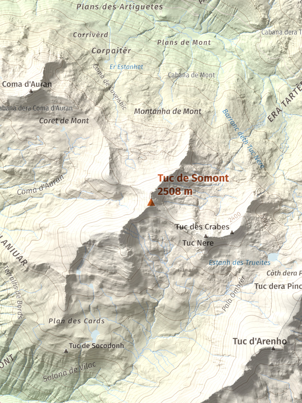 Mapa de relieve de Tuc de Somont, 2508 m, Val d'Aran, lámina 100 Cims de Trobart. Detalle de la zona central. 30 × 40 cm.