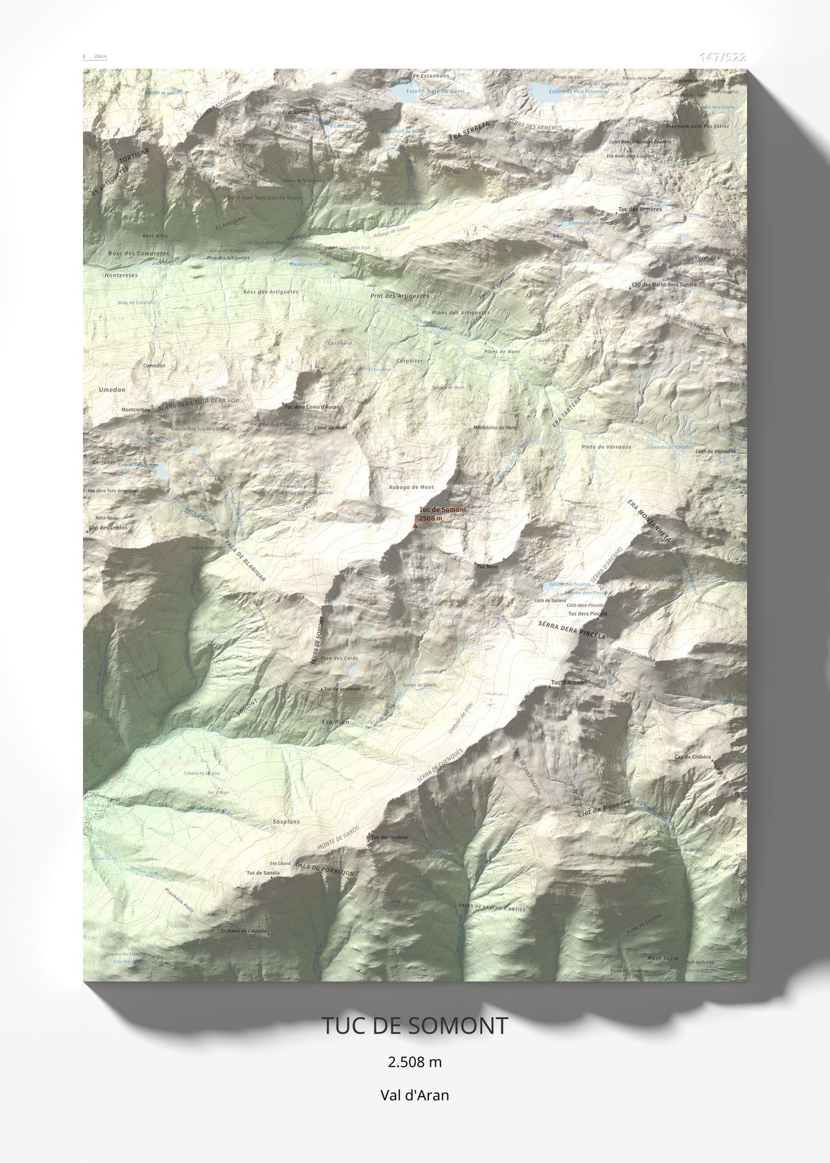 Mapa de relieve de Tuc de Somont, 2508 m, Val d'Aran, lámina 100 Cims de Trobart 50 × 70 cm.