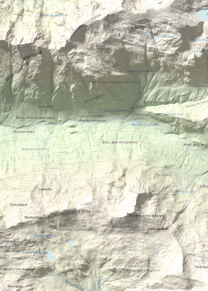 Mapa de relieve de Tuc de Somont, 2508 m, Val d'Aran, lámina 100 Cims de Trobart. Detalle de la zona superior izquierda. 50 × 70 cm.