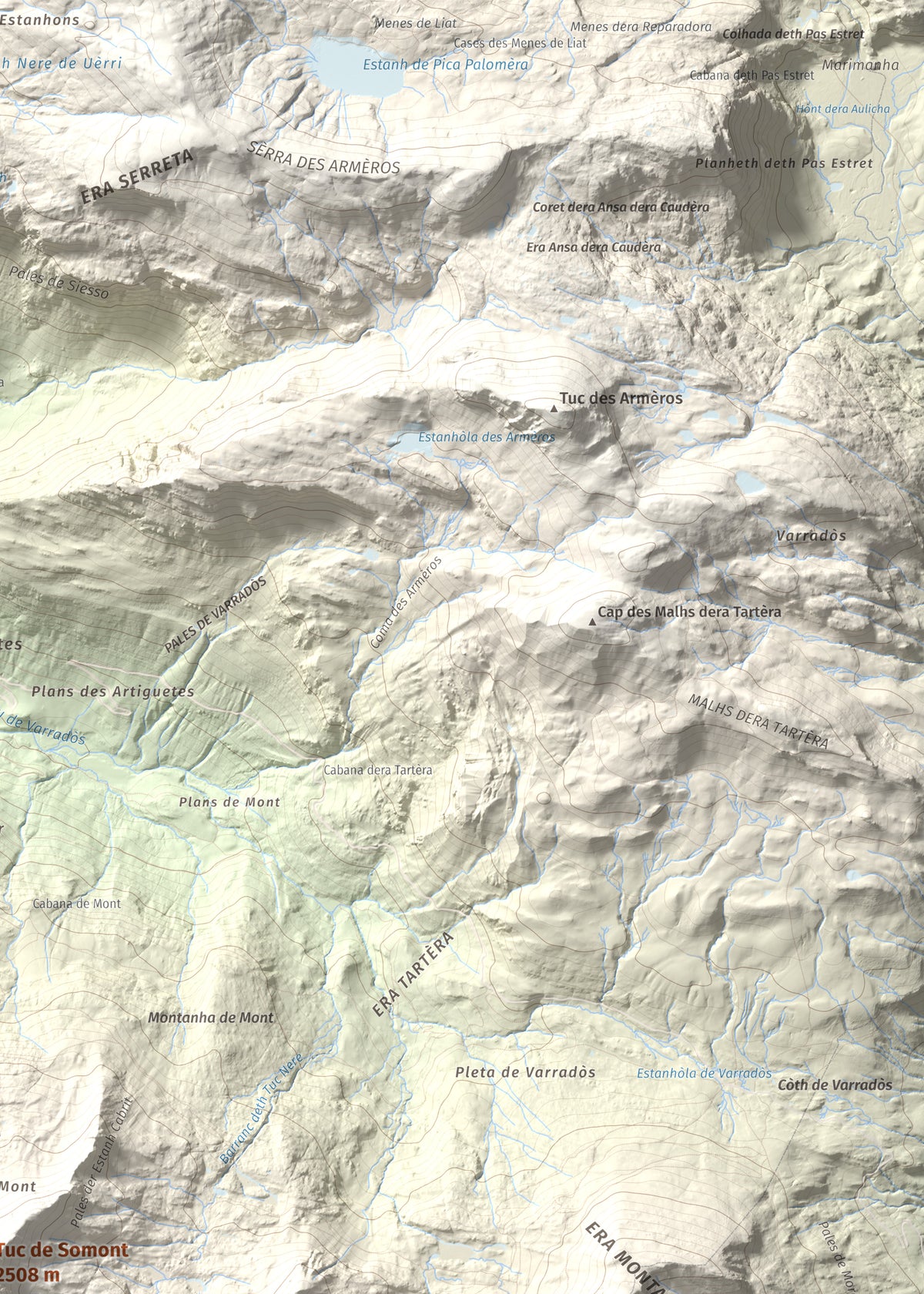 Mapa de relieve de Tuc de Somont, 2508 m, Val d'Aran, lámina 100 Cims de Trobart. Detalle de la zona superior derecha. 50 × 70 cm.