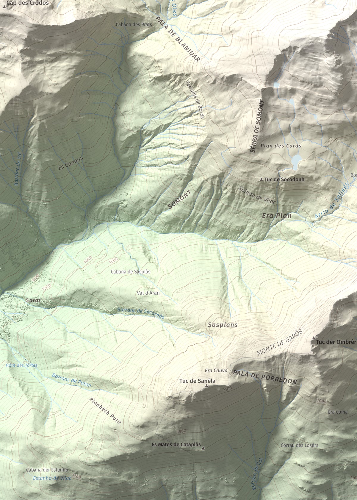 Mapa de relieve de Tuc de Somont, 2508 m, Val d'Aran, lámina 100 Cims de Trobart. Detalle de la zona inferior izquierda. 50 × 70 cm.