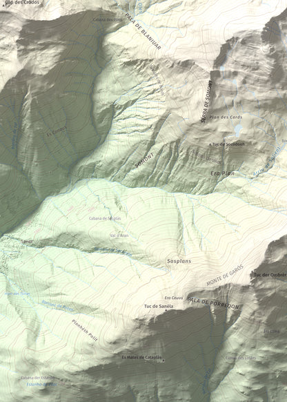 Mapa de relieve de Tuc de Somont, 2508 m, Val d'Aran, lámina 100 Cims de Trobart. Detalle de la zona inferior izquierda. 50 × 70 cm.