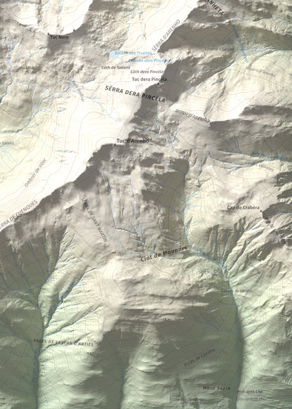 Mapa de relieve de Tuc de Somont, 2508 m, Val d'Aran, lámina 100 Cims de Trobart. Detalle de la zona inferior derecha. 50 × 70 cm.
