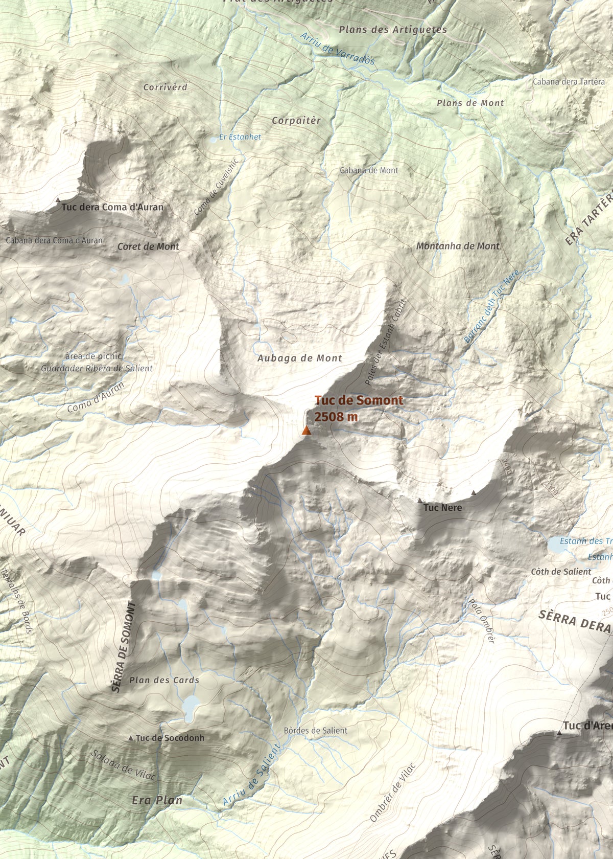 Mapa de relieve de Tuc de Somont, 2508 m, Val d'Aran, lámina 100 Cims de Trobart. Detalle de la zona central. 50 × 70 cm.