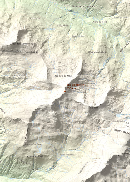 Mapa de relieve de Tuc de Somont, 2508 m, Val d'Aran, lámina 100 Cims de Trobart. Detalle de la zona central. 50 × 70 cm.