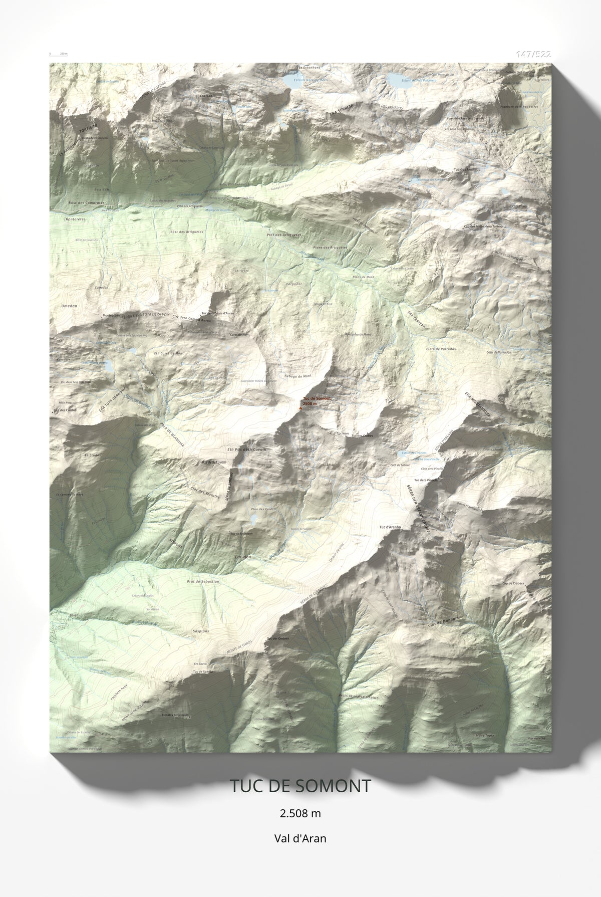 Mapa de relieve de Tuc de Somont, 2508 m, Val d'Aran, lámina 100 Cims de Trobart 61 × 91 cm.