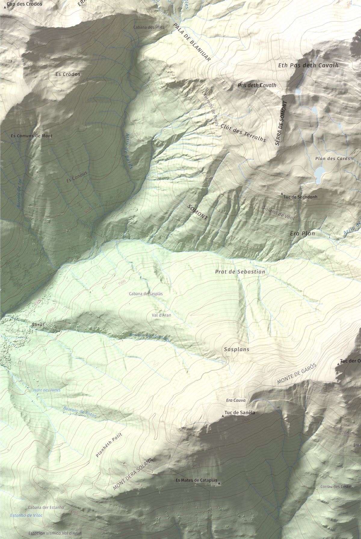 Mapa de relieve de Tuc de Somont, 2508 m, Val d'Aran, lámina 100 Cims de Trobart. Detalle de la zona inferior izquierda. 61 × 91 cm.