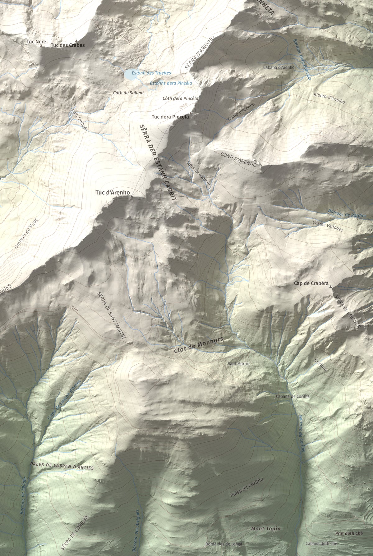 Mapa de relieve de Tuc de Somont, 2508 m, Val d'Aran, lámina 100 Cims de Trobart. Detalle de la zona inferior derecha. 61 × 91 cm.