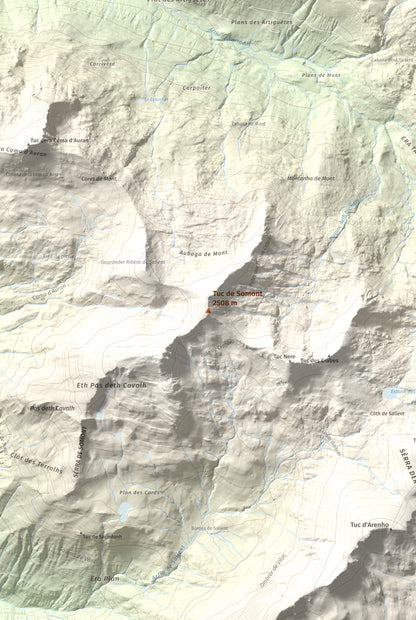 Mapa de relieve de Tuc de Somont, 2508 m, Val d'Aran, lámina 100 Cims de Trobart. Detalle de la zona central. 61 × 91 cm.