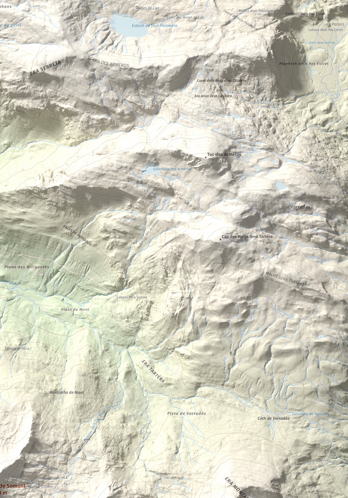 Mapa de relieve de Tuc de Somont, 2508 m, Val d'Aran, lámina 100 Cims de Trobart. Detalle de la zona superior derecha. 70 × 100 cm.