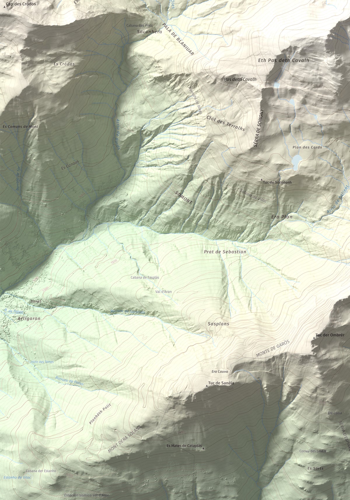 Mapa de relieve de Tuc de Somont, 2508 m, Val d'Aran, lámina 100 Cims de Trobart. Detalle de la zona inferior izquierda. 70 × 100 cm.