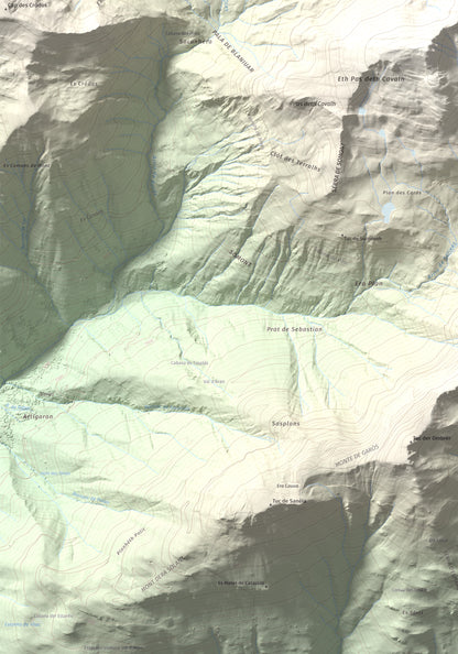 Mapa de relieve de Tuc de Somont, 2508 m, Val d'Aran, lámina 100 Cims de Trobart. Detalle de la zona inferior izquierda. 70 × 100 cm.