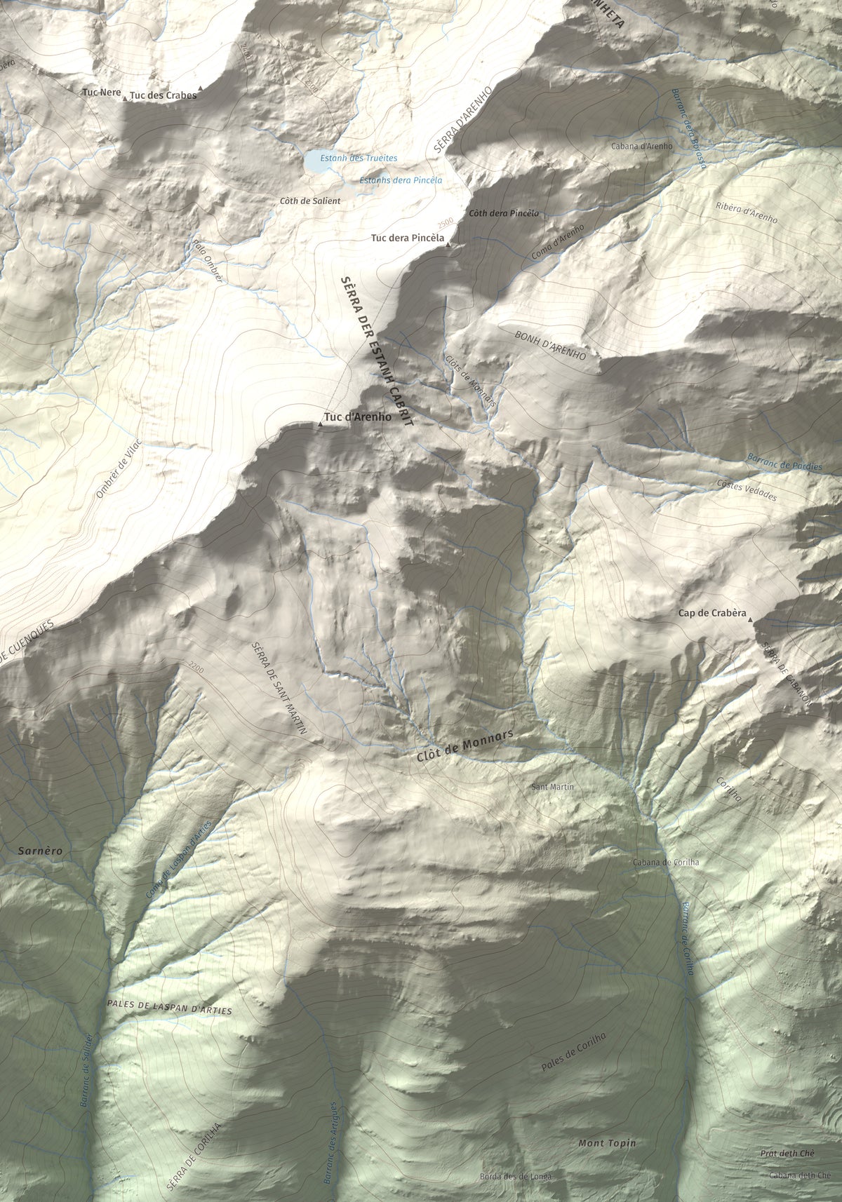 Mapa de relieve de Tuc de Somont, 2508 m, Val d'Aran, lámina 100 Cims de Trobart. Detalle de la zona inferior derecha. 70 × 100 cm.