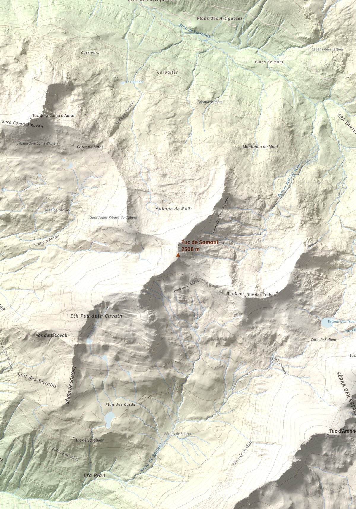 Mapa de relieve de Tuc de Somont, 2508 m, Val d'Aran, lámina 100 Cims de Trobart. Detalle de la zona central. 70 × 100 cm.