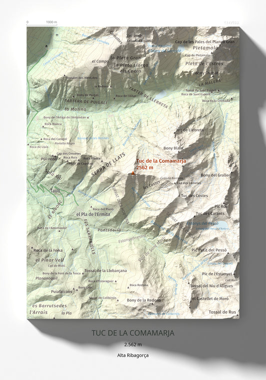 Mapa de relieve de Tuc de la Comamarja, 2562 m, Alta Ribagorça, lámina 100 Cims de Trobart 21 × 30 cm.