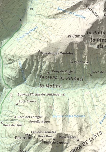 Mapa de relieve de Tuc de la Comamarja, 2562 m, Alta Ribagorça, lámina 100 Cims de Trobart. Detalle de la zona superior izquierda. 21 × 30 cm.