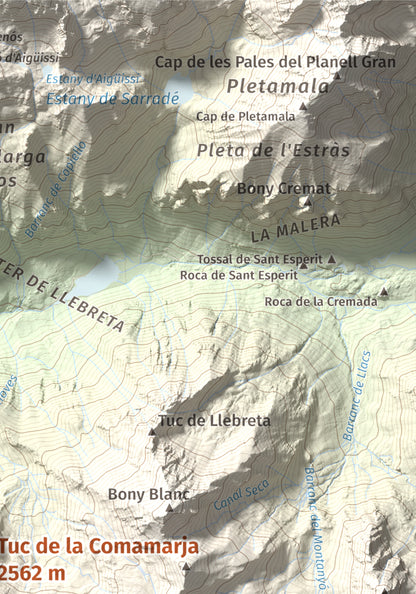 Mapa de relieve de Tuc de la Comamarja, 2562 m, Alta Ribagorça, lámina 100 Cims de Trobart. Detalle de la zona superior derecha. 21 × 30 cm.