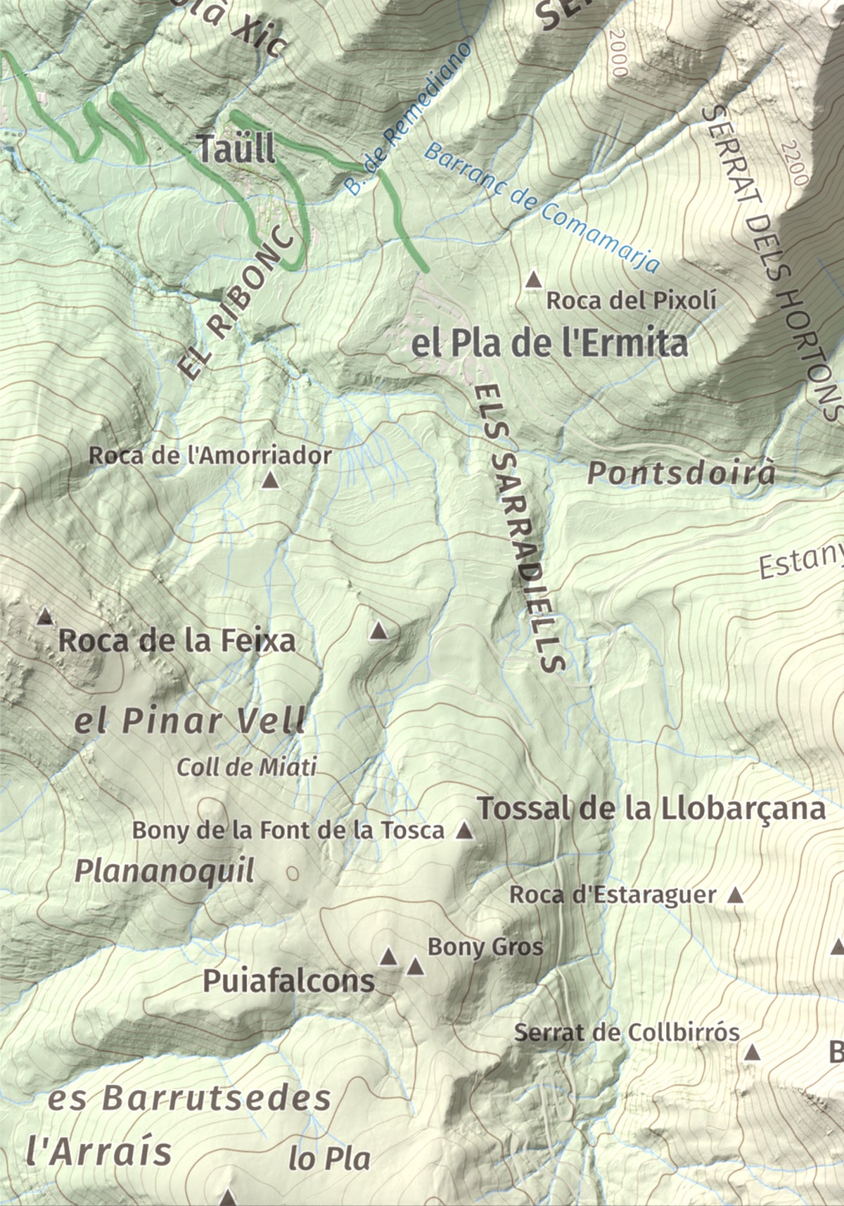 Mapa de relieve de Tuc de la Comamarja, 2562 m, Alta Ribagorça, lámina 100 Cims de Trobart. Detalle de la zona inferior izquierda. 21 × 30 cm.