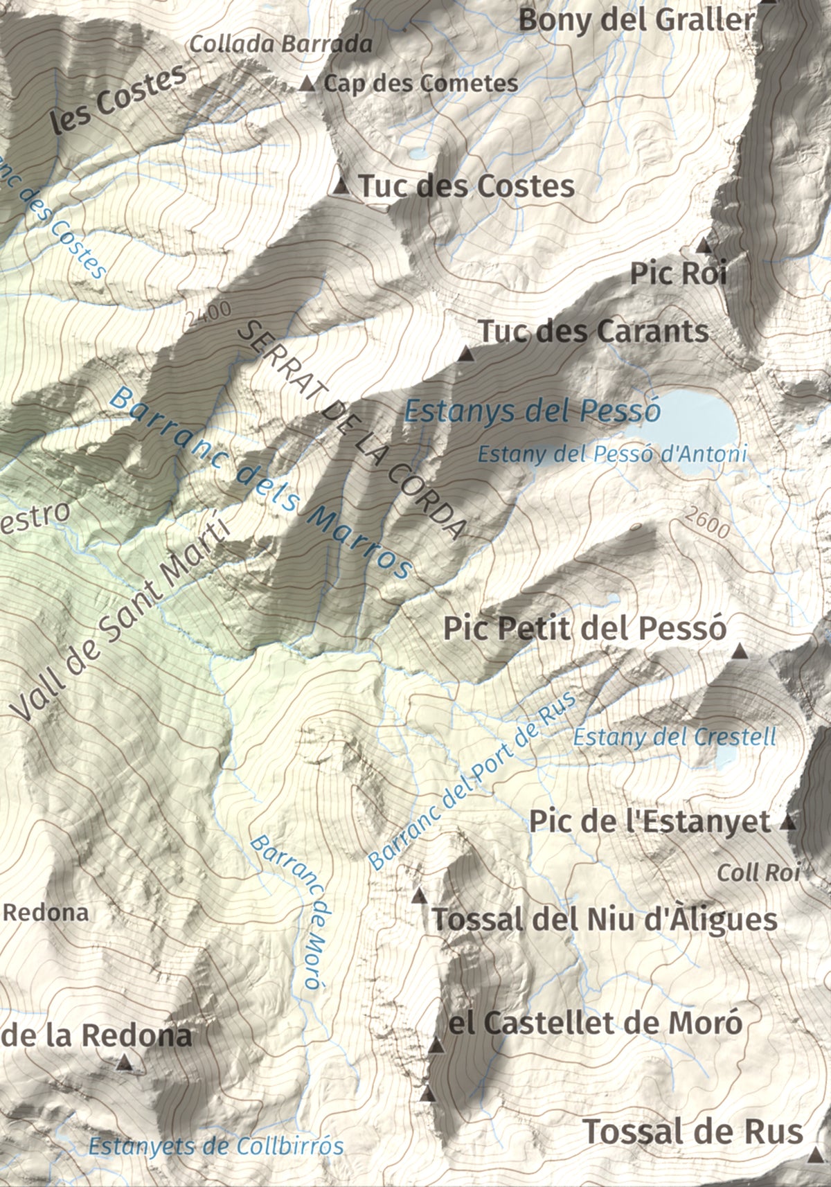 Mapa de relieve de Tuc de la Comamarja, 2562 m, Alta Ribagorça, lámina 100 Cims de Trobart. Detalle de la zona inferior derecha. 21 × 30 cm.
