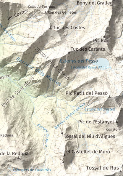 Mapa de relieve de Tuc de la Comamarja, 2562 m, Alta Ribagorça, lámina 100 Cims de Trobart. Detalle de la zona inferior derecha. 21 × 30 cm.