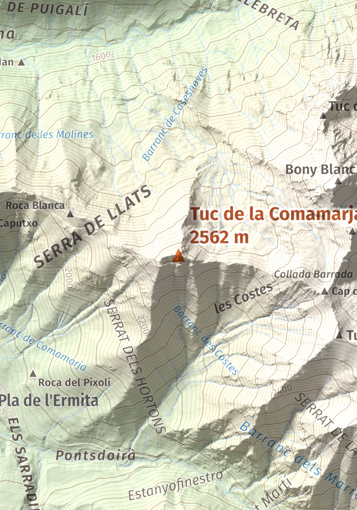 Mapa de relieve de Tuc de la Comamarja, 2562 m, Alta Ribagorça, lámina 100 Cims de Trobart. Detalle de la zona central. 21 × 30 cm.
