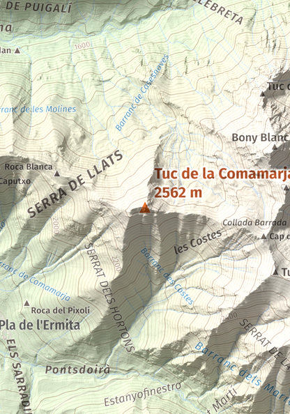 Mapa de relieve de Tuc de la Comamarja, 2562 m, Alta Ribagorça, lámina 100 Cims de Trobart. Detalle de la zona central. 21 × 30 cm.