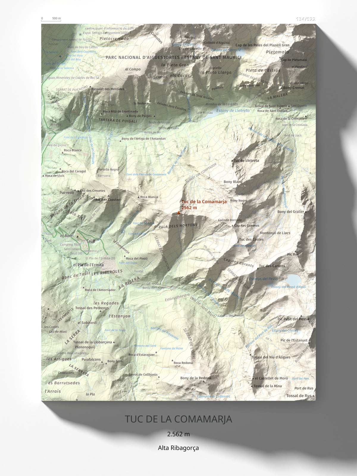 Mapa de relieve de Tuc de la Comamarja, 2562 m, Alta Ribagorça, lámina 100 Cims de Trobart 30 × 40 cm.