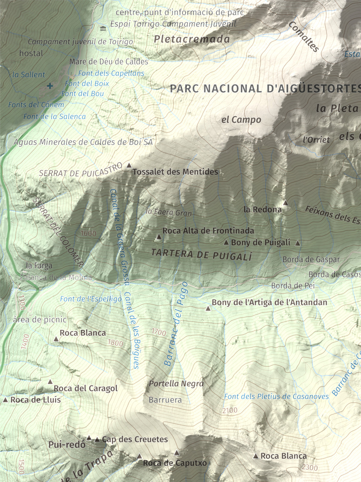 Mapa de relieve de Tuc de la Comamarja, 2562 m, Alta Ribagorça, lámina 100 Cims de Trobart. Detalle de la zona superior izquierda. 30 × 40 cm.