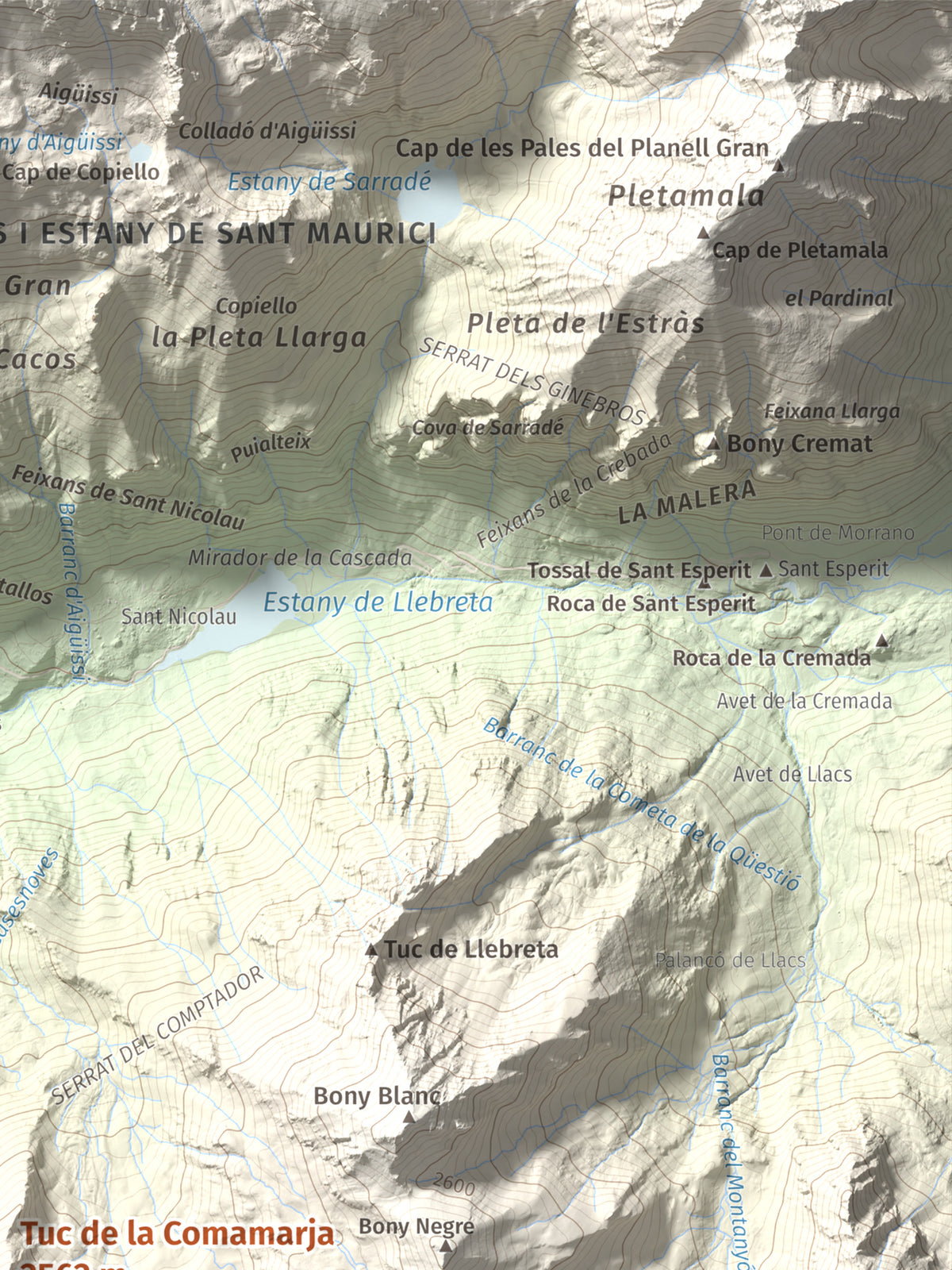 Mapa de relieve de Tuc de la Comamarja, 2562 m, Alta Ribagorça, lámina 100 Cims de Trobart. Detalle de la zona superior derecha. 30 × 40 cm.