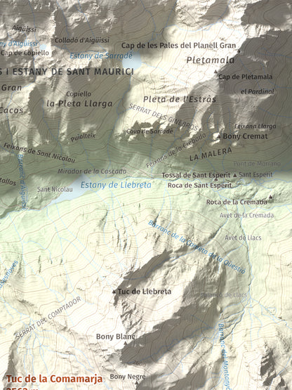 Mapa de relieve de Tuc de la Comamarja, 2562 m, Alta Ribagorça, lámina 100 Cims de Trobart. Detalle de la zona superior derecha. 30 × 40 cm.