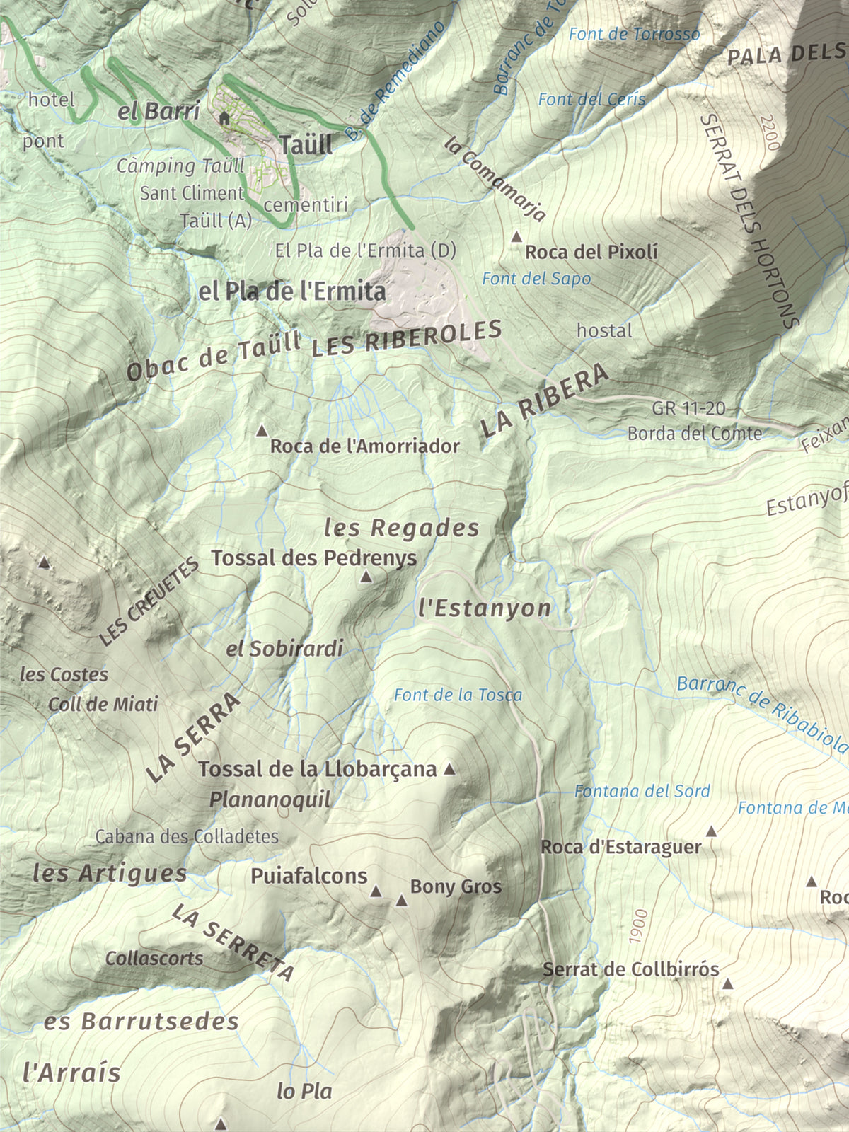 Mapa de relieve de Tuc de la Comamarja, 2562 m, Alta Ribagorça, lámina 100 Cims de Trobart. Detalle de la zona inferior izquierda. 30 × 40 cm.