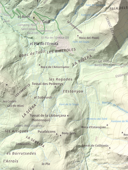 Mapa de relieve de Tuc de la Comamarja, 2562 m, Alta Ribagorça, lámina 100 Cims de Trobart. Detalle de la zona inferior izquierda. 30 × 40 cm.