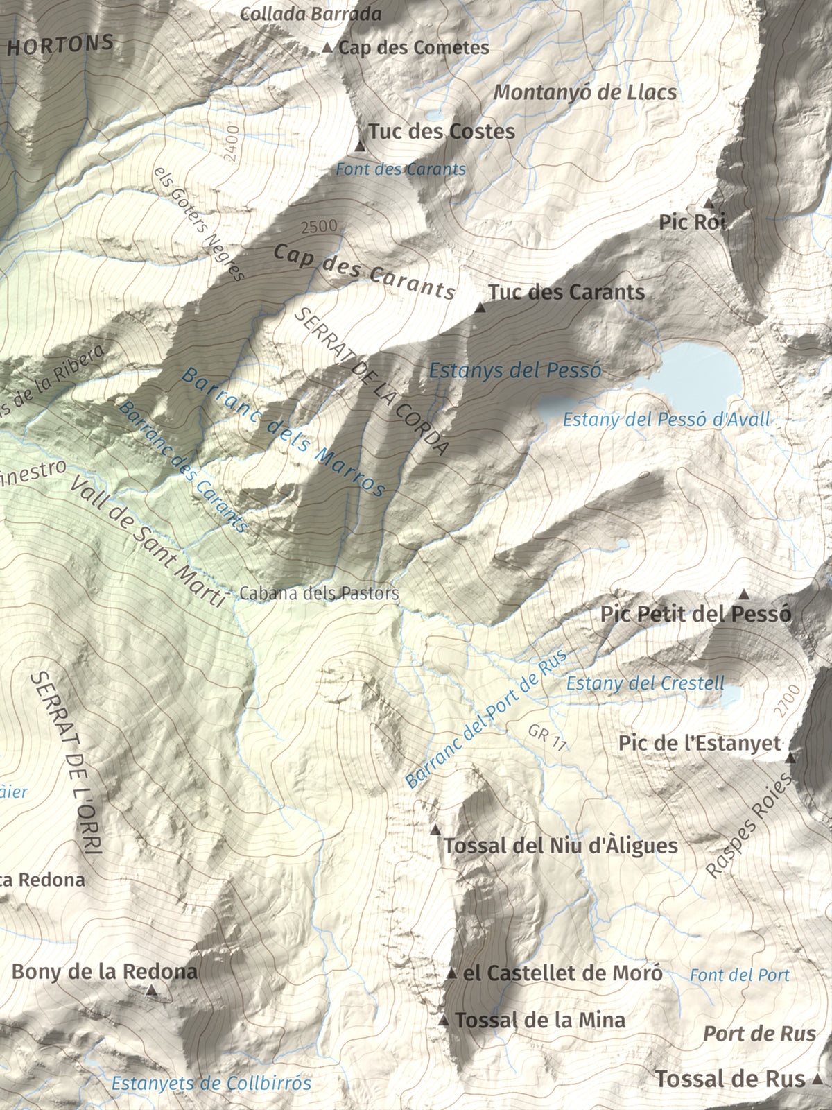 Mapa de relieve de Tuc de la Comamarja, 2562 m, Alta Ribagorça, lámina 100 Cims de Trobart. Detalle de la zona inferior derecha. 30 × 40 cm.
