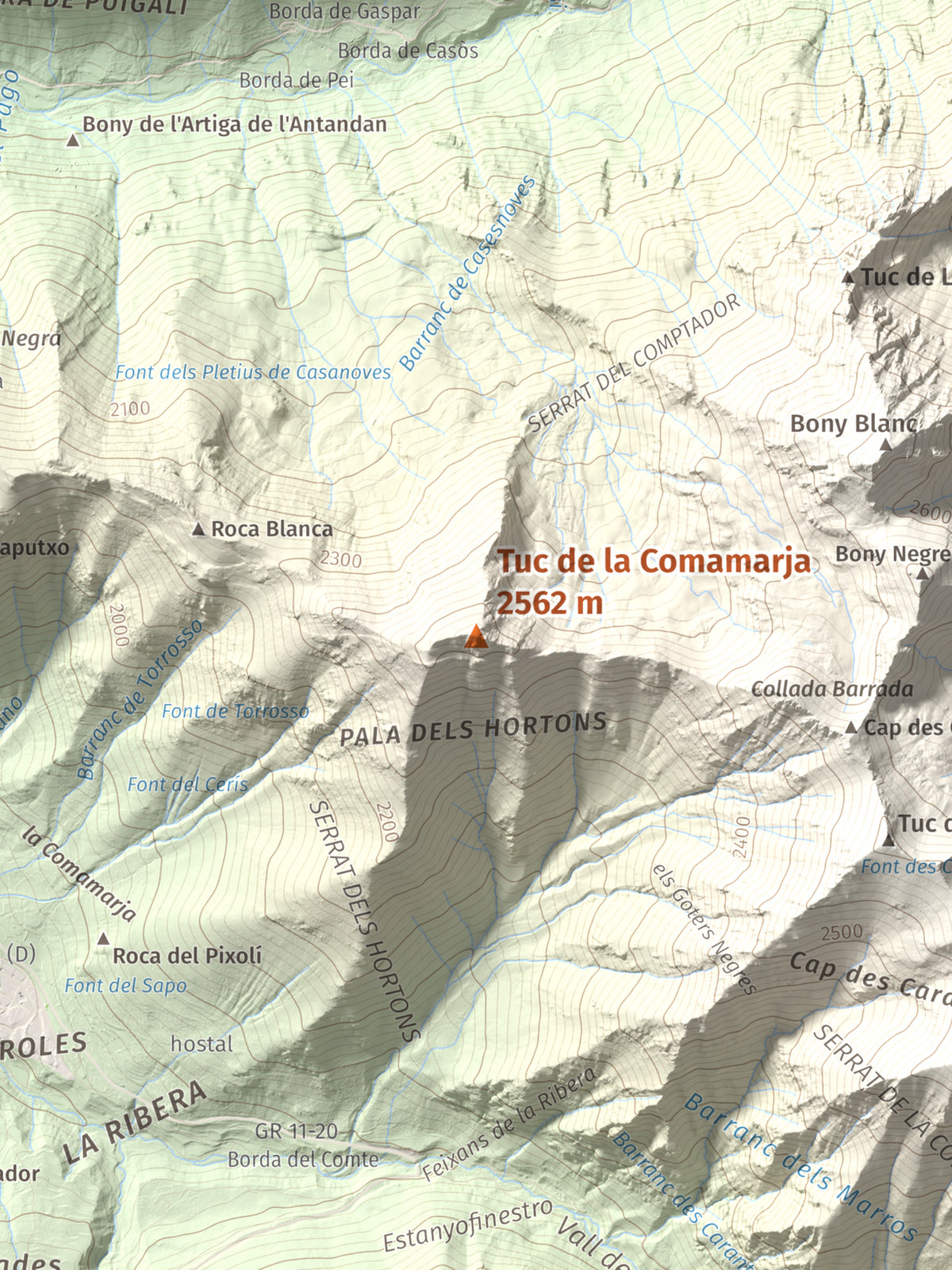 Mapa de relieve de Tuc de la Comamarja, 2562 m, Alta Ribagorça, lámina 100 Cims de Trobart. Detalle de la zona central. 30 × 40 cm.